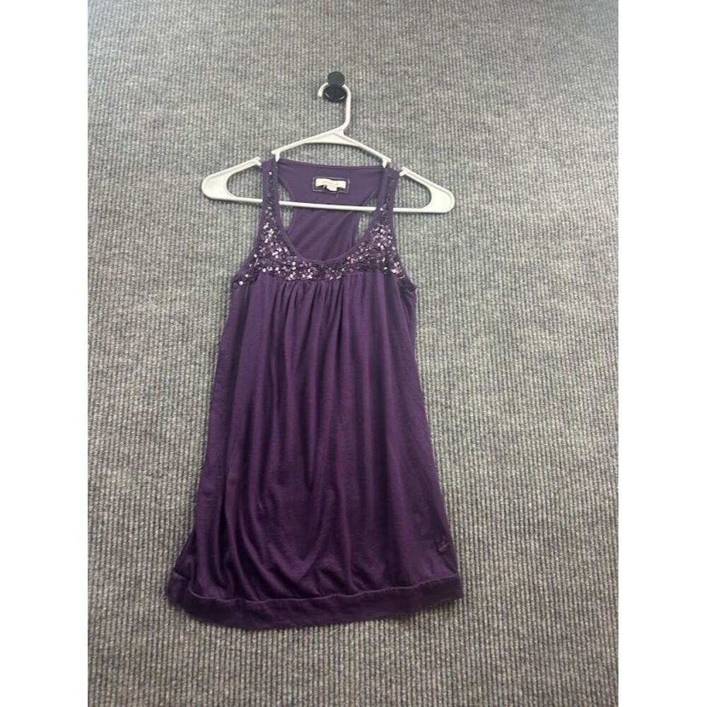 Womens Aerie Scoop Neck Sequined Tank Top Blouse Flowy Gathered Purple Size Sm